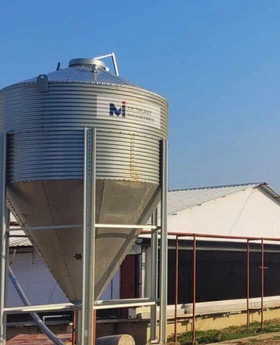 Metplast feed silo installed at farm — galvanized steel with conical bottom